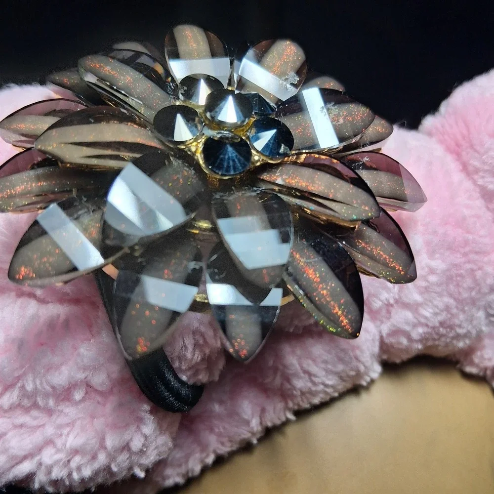 Chic Smoky Brown Glitter Flower Crystal Hair Tie Ponytail Holder Gold Tone Base